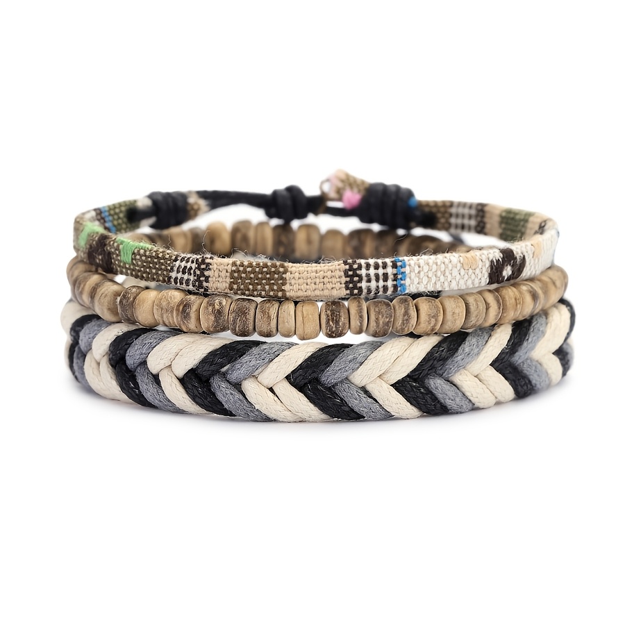 3pc Vintage Braided Rope Bracelet Set for Men, Black Wooden Beads